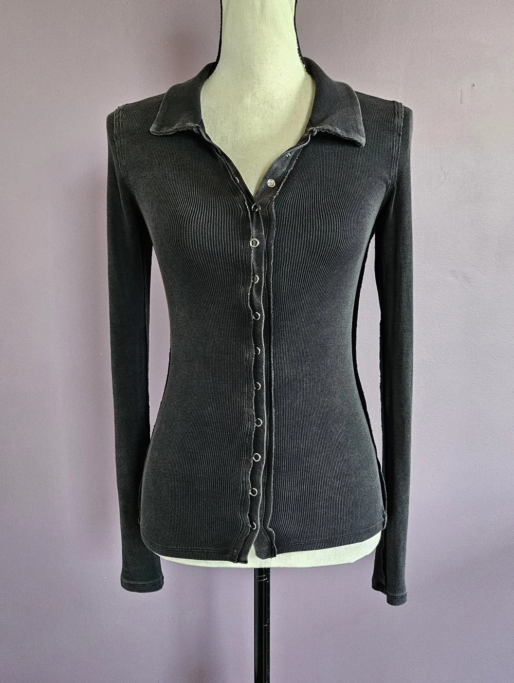 Free People We The Free Washed Black Betty Button Down Grunge Long Sleeve Top